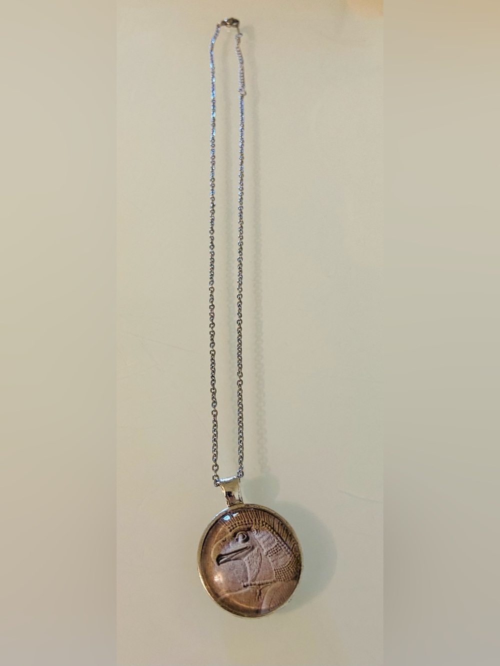 Ancient Winged Deity Pendant Necklace | Mythological Bird Profile Glass Cabochon